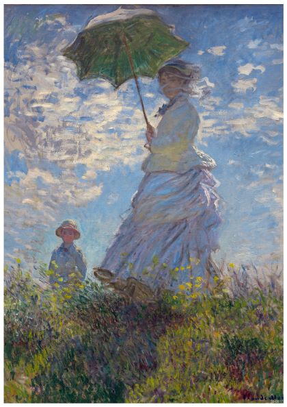 A classic art poster, "Woman with Parasol Claude Monet" by Y, depicts a woman holding a green parasol and standing in a field of wildflowers, with a small child nearby. The sky is bright and filled with clouds. The woman wears a flowing dress and bonnet, while the child is dressed in light clothing and a hat. Available as A3 posters on high quality 250gsm satin paper.