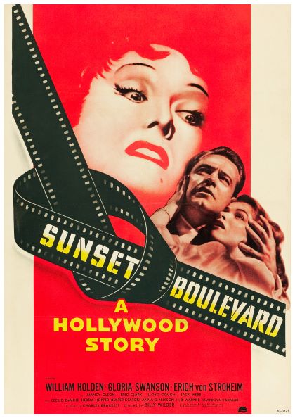 A vintage movie poster for "Sunset Boulevard" on high quality 250gsm Satin Paper, featuring a large, dramatic face of a woman in the background and a man and woman's close embrace in the foreground. The title "Sunset Boulevard" is displayed prominently on a film strip across this classic A3 film poster by Y.