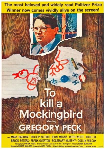 A classic film poster for "To Kill a Mockingbird" featuring an illustration of a man in a jacket and tie. Torn paper with red crayon drawings of two stick figures and a toy gun are shown. Text at the top announces it's a Pulitzer Prize-winning adaptation, starring Gregory Peck, printed on high quality 250gsm satin paper by Y.