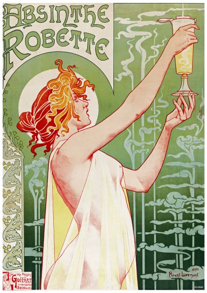 Vintage advertising poster featuring a woman with flowing red hair, clothed in a draped garment, holding up a glass of Absinthe Robette against a green, art nouveau background. The text reads "Absinthe Robette" at the top. Artwork by Privat-Livemont, dated 1896. Available as A3 102 posters on 250gsm satin paper.
