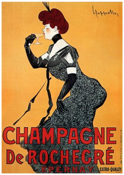 A vintage advertising poster of a woman in a stylish black dress with a high collar and a large red hat, holding a glass of champagne. The text reads "Champagne De Rochegre Epernay Extra Quality." Printed on high quality 250gsm satin paper, it's part of the A3 107 Collection. The background is warm yellow-orange with the artist's signature in the top right corner.