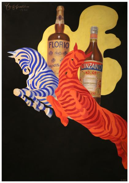 A vibrant vintage advertising poster, A3 size, featuring two bottles of Florio et Cinzano behind fanciful, striped zebras—one in blue and one in orange—leaping energetically. Printed on 250gsm satin paper, the black background with a splash of yellow behind the bottles adds dynamic contrast. This masterpiece is brought to you by A3 118.