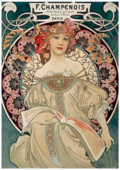 Art Nouveau poster by Alphonse Mucha, entitled "Champenois by Alphonse Mucha." This Vintage Advertising Poster features a woman with flowing hair adorned with flowers, dressed in an ornate gown, holding a book. Intricate floral patterns fill the background, printed on high quality 250gsm Satin Paper for an elegant look by A3 083.