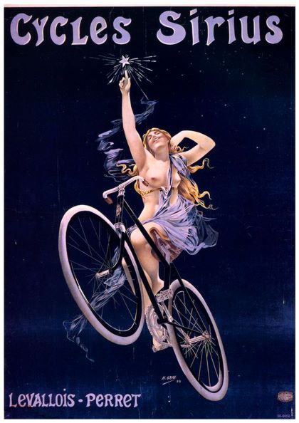 A vintage advertising poster titled "Cycles Sirius" features a woman in a flowing dress riding a bicycle while reaching upwards towards a glowing star. The background is deep blue, with text that reads "Levallois - Perret." This stunning piece is printed as an A3 116 poster on high-quality 250gsm satin paper.