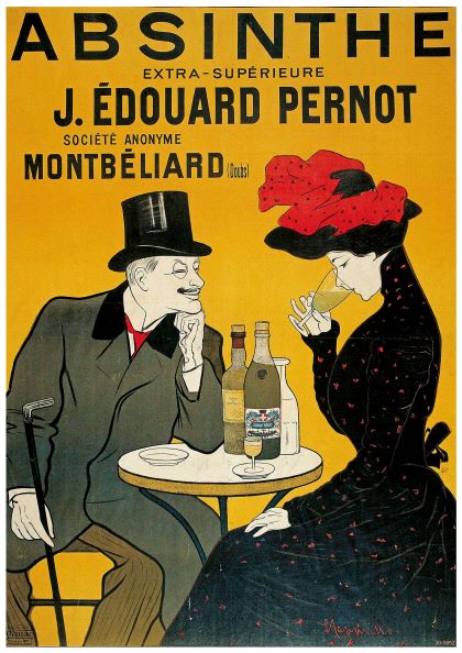 A vintage advertising poster for absinthe, featuring a man in a suit and top hat and a woman in a black dress with a red hat, sitting at a table and drinking absinthe. The background is vibrant yellow with bold black text promoting Absinthe J edouard Pernot. Part of the A3 104 posters collection printed on 250gsm satin paper.