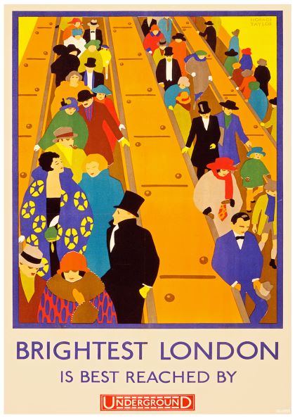 A vibrant, vintage advertising poster features a multi-colored crowd of people walking on an escalator. The text reads "Brightest London is best reached by Underground." This A3 125 Brightest London poster, printed on high quality 250gsm satin paper, showcases early 20th-century attire and the bustling energy of diverse London.