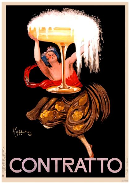 A vintage advertising poster depicts a woman holding an oversized, overflowing golden champagne glass, wearing a red top and a skirt adorned with gold coins. The background is black, emphasizing the vibrant colors of the woman and the champagne. Printed on high quality 250gsm Satin Paper, this A3 poster features "CONTRATTO" at the bottom.