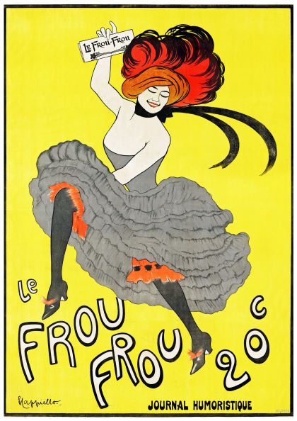 Vintage advertising poster for A3 112 "Le Frou Frou" humoristic journal. It features a joyful woman with vibrant red hair, holding a newspaper and wearing a gray dress with orange accents, dancing against a bright yellow background. Printed on 250gsm Satin Paper. Text reads "Le Frou Frou 20¢" at the bottom.