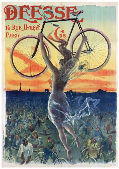 A vintage advertising poster shows a triumphant woman in flowing robes holding a bicycle above her head against a sunset sky. Below her, a crowd of enthusiastic people cheer. The text reads "Deesse Cycles," and includes the address "16, Rue Halévy, Paris," and a crescent moon with "Ds" inside. Perfect for fans of A3 089 posters and printed on satin paper for an elegant finish.