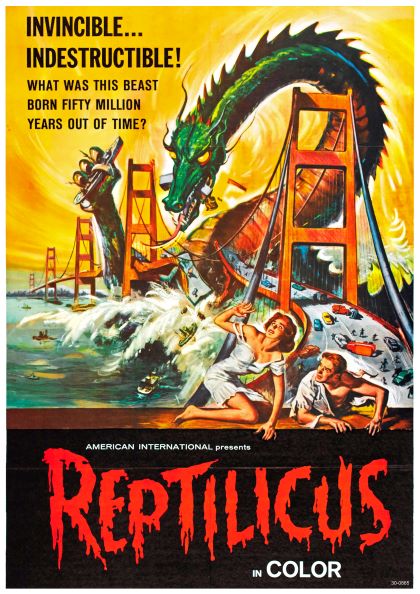 Retro movie poster for "Reptilicus" depicting a giant, ferocious dragon-like creature attacking a bridge with flames and destruction. Panicked people are fleeing as cars crash into the water. Text reads: "Invincible... Indestructible! What was this beast born fifty million years out of time?" In the bottom, "Reptilicus in Color" is displayed on 250gsm by Y.
