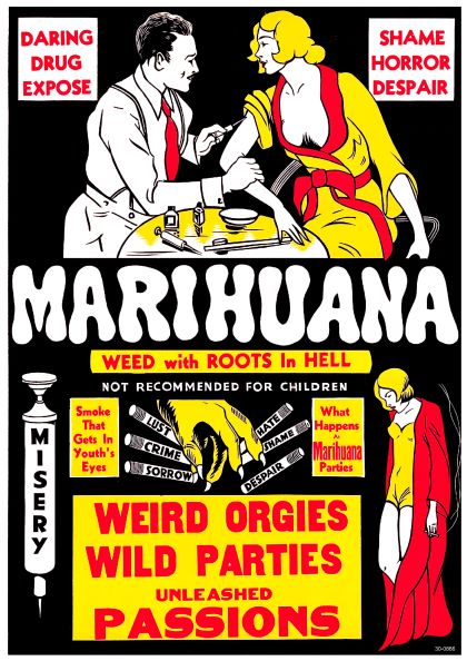 Introducing "Marihuana" by Y, a vintage-style propaganda poster featuring dramatic illustrations printed on high quality 250gsm Satin Paper. At the top, a man and a woman sit at a table. The A3 poster showcases bold text with slogans like "MARIHUANA," "WEED WITH ROOTS IN HELL," and "SHAME HORROR DESPAIR," along with smaller images highlighting marijuana's negative impacts.