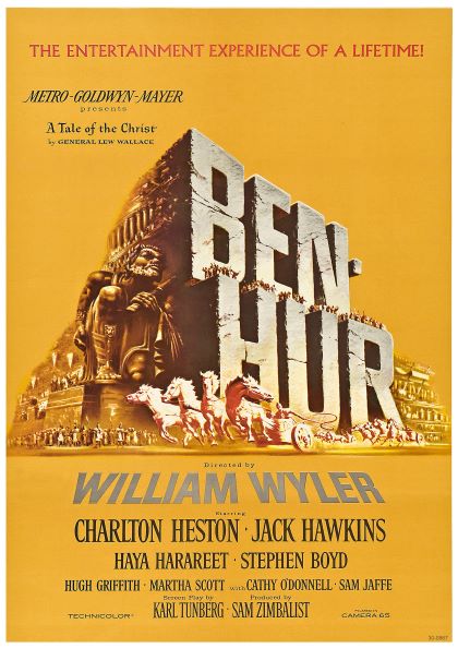 A vintage "Ben-Hur" classic movie poster features the title in large, bold letters with a Roman chariot race scene below. The tagline reads "The Entertainment Experience of a Lifetime!" Cast names include Charlton Heston and Jack Hawkins. Directed by William Wyler. Available as high-quality Ben Hur A3 posters by Y on 250gsm satin paper.