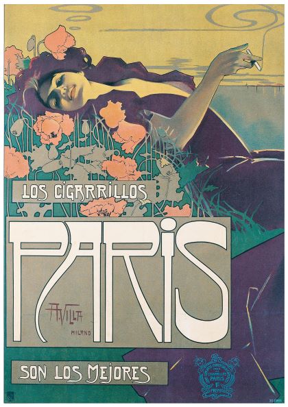 A vintage advertising poster for Los Cigarrillos Paris by Brand Y features a reclining woman surrounded by pink flowers. The prominent text reads "Los Cigarrillos Paris son los mejores," with the stylized "Paris" in the center. Printed on 250gsm satin paper, the design is ornate, showcasing Art Nouveau elements and vivid colors.