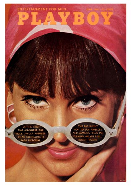Playboy June 1965 cover from June 1963 featuring a close-up of a woman's face with large reading glasses showing article headings. She has bangs, wears a pink headscarf, and is slightly smiling. The magazine title and teasers are prominently displayed on this sexy vintage poster printed on high quality 250gsm satin paper by Y.