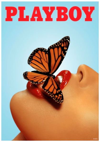 A close-up, stylized image of a person with shiny red lipstick and full lips, tilted back. A vibrant monarch butterfly is perched on the upper lip against a light blue background. The word "Y" is prominently displayed at the top in bold red letters, reminiscent of a sexy vintage poster.