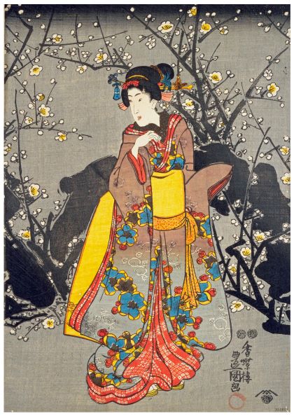 The Kunisada Spring Coloured Flowers, a Japanese woodblock print from Blue Dog Posters, features a woman in traditional attire adorned with intricate floral patterns. She stands amidst branches of blooming white cherry blossoms against a gray background. Printed on 250gsm satin paper, this Japanese art poster radiates tranquility and elegance.