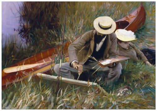 A classic art poster captures two people relaxing by a riverbank next to a red canoe. A man, wearing a hat and suit, paints on a canvas while seated on the grass. A woman in a white hat and light-colored dress reclines beside him, observing his work. Available as A3 posters on high quality 250gsm Satin Paper, Helleu Sketching John Singer Sargent by Blue Dog Posters.