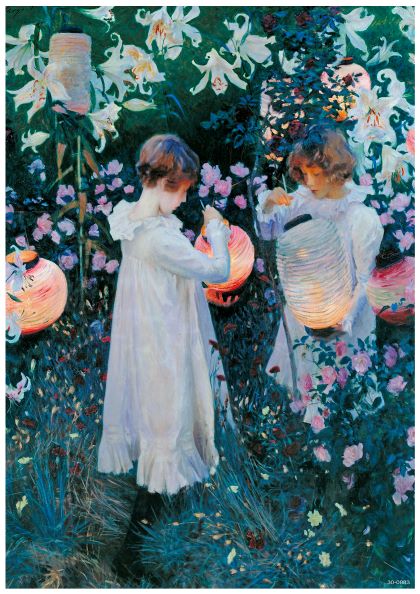 The "Carnation Lily Lily Rose" by Singer Sargent, available from Blue Dog Posters, showcases a classic scene of two children in white dresses amidst blooming flowers and lanterns. The children are engrossed in lighting or adjusting the lanterns, creating a warm and enchanting atmosphere in the vibrant garden setting at dusk. This beautiful piece is part of our A3 Posters Collection and is printed on 250gsm satin paper.