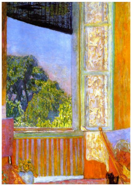 A colorful painting illustrates an interior scene with an open window revealing lush green foliage outside. The room has a window with patterned curtains, a vase of flowers on a table, and a cat resting on a sunny, upholstered chair. Printed as The Open Window Peirre Bonnard A3 Classic Art Poster on high-quality 250gsm Satin Paper, the sunlight casts vivid hues.
