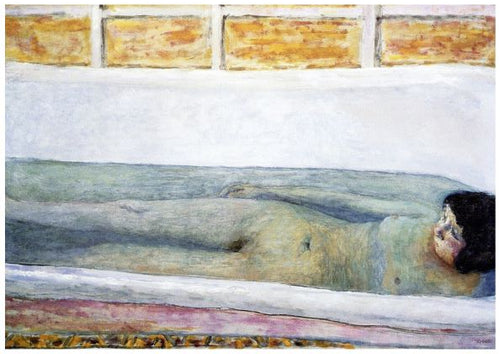 The Bath Pierre Bonnard" by Blue Dog Posters captures a nude person lying on their side in a bathtub with short dark hair, stretched across the canvas. The bath's surround is painted in warm yellow and white tones, while the water has a light greenish tint. Available as A3 posters on high-quality 250gsm satin paper.
