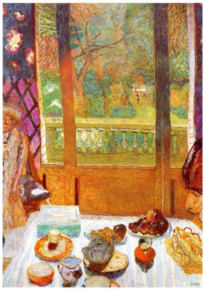 A painting from Blue Dog Posters' A3 collection titled "The Breakfast Room Peirre Bonnard" illustrates a table set for tea before a large window. The table displays teapots, cups, saucers, and plates with food. Through the window, a vibrant garden with trees and a balcony is visible. Rich colors and an impressionist style create a warm, inviting scene on 250gsm satin paper.