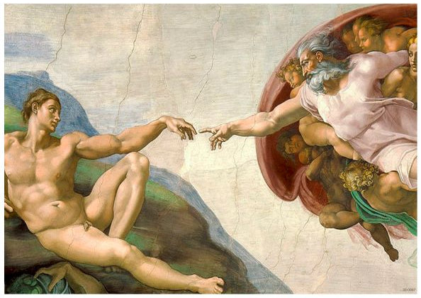 The Creation of Adam Michelangelo" by Blue Dog Posters, available as a classic art poster on high-quality 250gsm satin paper, depicts God reaching out to touch the index finger of Adam to impart life. God is surrounded by angels, while Adam reclines on the ground with an outstretched arm, almost touching God's hand.