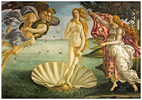 The Birth of Venus Botticelli" from Blue Dog Posters is a high-quality Satin Paper Classic Art Poster capturing Venus standing on a giant scallop shell at the seashore. Surrounded by Zephyrus and a nymph on the left and a woman holding a cloak on the right, this timeless piece is perfect as an A3 poster.