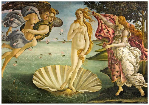 The Birth of Venus Botticelli" from Blue Dog Posters is a high-quality Satin Paper Classic Art Poster capturing Venus standing on a giant scallop shell at the seashore. Surrounded by Zephyrus and a nymph on the left and a woman holding a cloak on the right, this timeless piece is perfect as an A3 poster.
