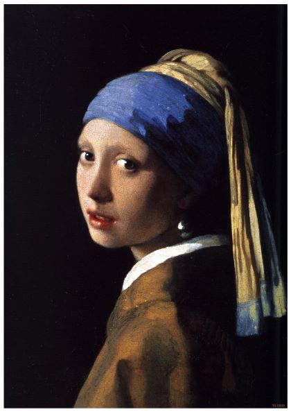 A painting of a young woman wearing a blue and yellow turban and pearl earring, gazing over her shoulder against a dark background. The artwork, now available as the **Girl With The Pearl Earring Vermeer Classic Art Poster** by **Blue Dog Posters** on high quality 250gsm Satin Paper, is characterized by its realistic detail and soft use of light and shadow.