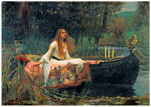 The "Lady of Sharlott John William Waterhouse" A3 poster by Blue Dog Posters depicts a woman with long hair, wearing a white dress, seated in a decorated boat on a calm river. She gazes upwards with a pensive expression. The boat is adorned with a colorful tapestry, and the background features dense trees bathed in soft, hazy light. Available on high-quality satin paper.