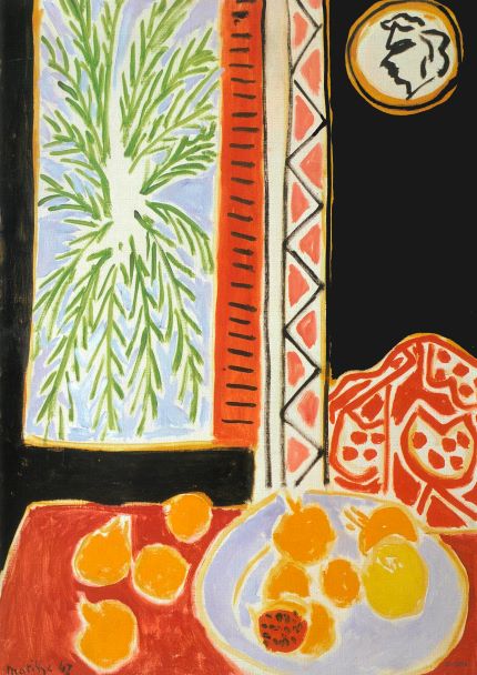 The "Still Life With Pomegranate" by Blue Dog Posters is a colorful painting available as a Classic Art Poster. It portrays a table with a white plate of yellow and orange fruits, including a pomegranate. The background includes patterned red fabric, a window showcasing a green plant, and a round clock with a white face on a black wall. Printed on 250gsm Satin Paper.