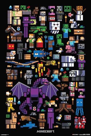 A pixel art collage of various Minecraft characters, creatures, and items printed on premium 150gsm gloss paper. The centerpiece features the Ender Dragon, with other prominent figures including villagers, creepers, animals, and tools. The black background highlights the vibrant pixelated designs of this Minecraft - Mobbery gaming poster by GAM 007.