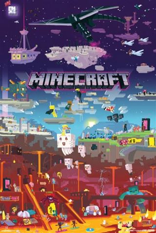 A colorful, pixelated Minecraft - World Beyond gaming poster featuring various game characters and scenes, including an Ender Dragon, floating ships, and Nether creatures. The Minecraft logo is prominently displayed in the center against a vibrant, blocky landscape background. Perfect for any gaming collection and printed on premium gloss paper by GAM 036.