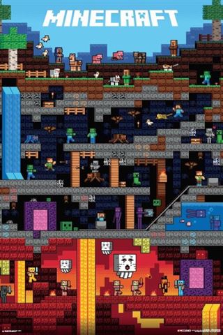 A vibrant gaming poster of Minecraft - Worldly by GAM 059 depicting various scenes and characters from the game. It shows multiple layers underground, with Steve, villagers, monsters, animals, lava, and different blocks. The surface includes trees and a blue sky. Printed on premium 150gsm gloss paper for a stunning addition to any gaming collection.