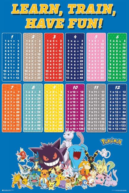 The "Pokemon - Times Tables" by EDU 041 is a Large Regular Poster titled "Learn, Train, Have Fun!" that features multiplication tables for numbers 1 through 12. Below the tables, various Pokémon characters are cheerfully grouped together, adding a playful touch to the educational collection. The Pokémon logo is displayed in the bottom right corner.