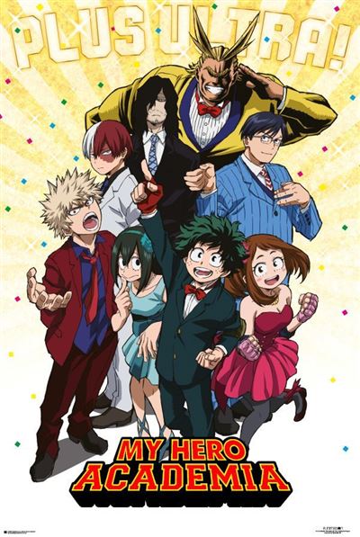 This poster, titled "My Hero Academia - Plus Ultra" by MTV 086, features the characters of "My Hero Academia" in formal attire striking a dynamic pose. A large character in the background raises a fist with the text "Plus Ultra!" above him, while others stand together joyously at the front. The text "My Hero Academia" is displayed at the bottom. It's an exceptional addition to any Japanese Animation fan's collection!
