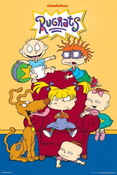 An illustration of six animated "Rugrats" characters decorates the Rugrats - Chair poster by MTV 294. Showcasing four babies, one toddler, and a dog gathered around a red armchair against a vibrant yellow and blue backdrop, the poster is printed on Premium 150gsm gloss paper with the iconic "Nickelodeon Rugrats" logo prominently displayed above them.