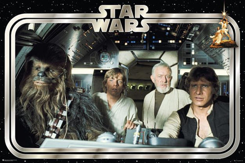 This Star Wars - Millennium Falcon Crew poster from MTV 066's Movies & TV Collection features four characters in a spaceship cockpit. From left to right: a tall, furry creature, a young man in a white outfit, an older man with a white beard, and a man in a black vest. The iconic "Star Wars" logo is at the top.