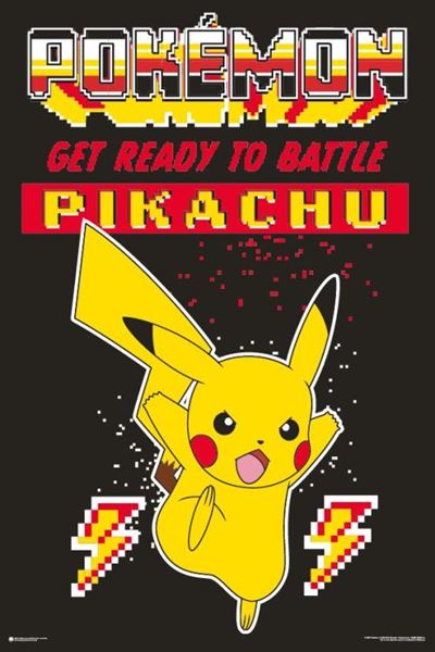 A vibrant gaming poster named "Pokemon - Retro Pikachu" from the brand GAM 019 features Pikachu, a yellow electric Pokémon with red cheeks, leaping energetically with a cheerful expression. The text "POKÉMON: GET READY TO BATTLE PIKACHU" is displayed above Pikachu in bold, colorful letters on premium gloss paper, enhancing its high-quality printing against a black background.