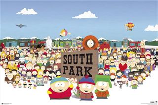 A large group of South Park characters is gathered outside in the snow, with mountains and a few buildings in the background. Four main characters stand front and center, holding a large wooden sign that reads "South Park." This MTV 195 poster titled "South Park - Characters" showcases the iconic crew under a clear sky with scattered clouds.