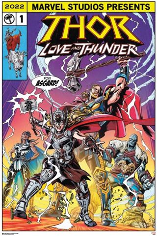 MTV 343's "Thor Love and Thunder Comic" poster features a comic book style depiction of Thor in armor, wielding Mjolnir. He's surrounded by dynamic characters and goats against an electric, colorful background. The text reads: "THOR: LOVE AND THUNDER" and "FOR ASGARD!" This poster is the perfect addition to your Movies & TV Collection.