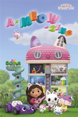 Introducing the vibrant KID 048 Gabys Dollhouse Universal Kids TV Poster! This poster showcases Gabby and her feline friends from the animated series, posing in front of a multi-story dollhouse shaped like a cat's face. The sky spells out "A-MEOW-ZING" in colorful letters, while a purple cat car appears prominently in the foreground. It's the perfect addition to any Movies & TV Collection.