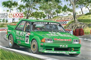 A green race car, labeled with the number 17 and "PALMER 2" on the side, speeds down a tree-lined road. The car features "JOHNSON" and "FRENCH" on its windshield, along with signs reading "AMES HARDIE 1000." Perfect for capturing the spirit of motorsport, this scene is ideal for a premium 150gsm gloss paper poster titled *Mike Harbar - Ford Greens Tuf* by CAR 009.