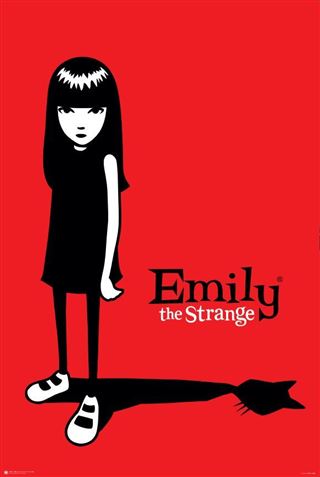 A stylized girl with long black hair, dressed in a black sleeveless dress and black sneakers with white soles, stands on a red background. Her shadow below her extends into the shape of a black cat. The text "Emily the Strange" is written beside her, making the Emily the Strange Cat Shadow poster by ALT 017 an ideal addition to any Alternative Poster collection.