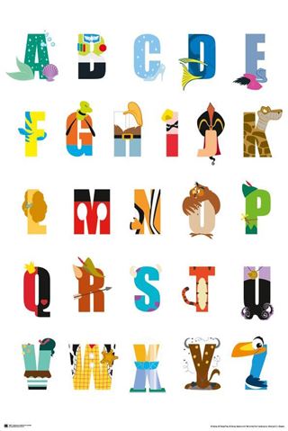 The Disney Animation - Alphabet Mania by EDU 058 features alphabet letters illustrated with animals and objects that creatively represent each letter. Examples include a whale for A, a bumblebee for B, and a toucan for T. Each letter is stylized to incorporate both the letter and the representative figure, making this part of an engaging Educational Collection.