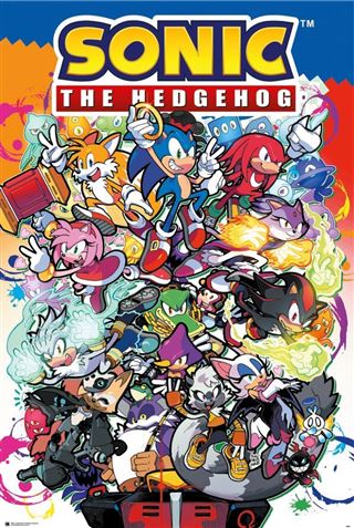 A colorful poster featuring characters from the Sonic the Hedgehog series, printed on premium gloss paper. Sonic is prominently in the center, surrounded by his friends and foes like Tails, Knuckles, Amy, Shadow, and others in dynamic action poses. The title "Sonic The Hedgehog - Sonic Comic Characters" crowns the high-quality print by GAM 003.