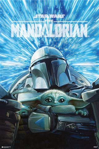The MTV 131 high-quality poster, "The Mandalorian Ready For Adventure," features a character from the series in silver armor holding Grogu, also known as "Baby Yoda," against a backdrop of vibrant blue lights and motion lines that suggest high-speed travel. The series title is prominently displayed at the top, making it an ideal addition to any Movies & TV collection.