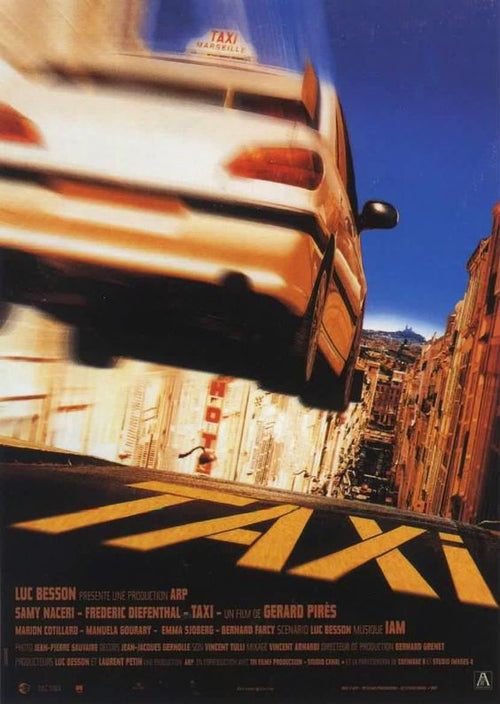 A car jumping over a street in an urban area, tilted at an angle, with a blurred background suggesting fast motion. The scene is set against a backdrop of buildings with clear, vibrant skies. Text on the bottom identifies it as a cult movie poster for the film "Taxi (French release)" by IMP.