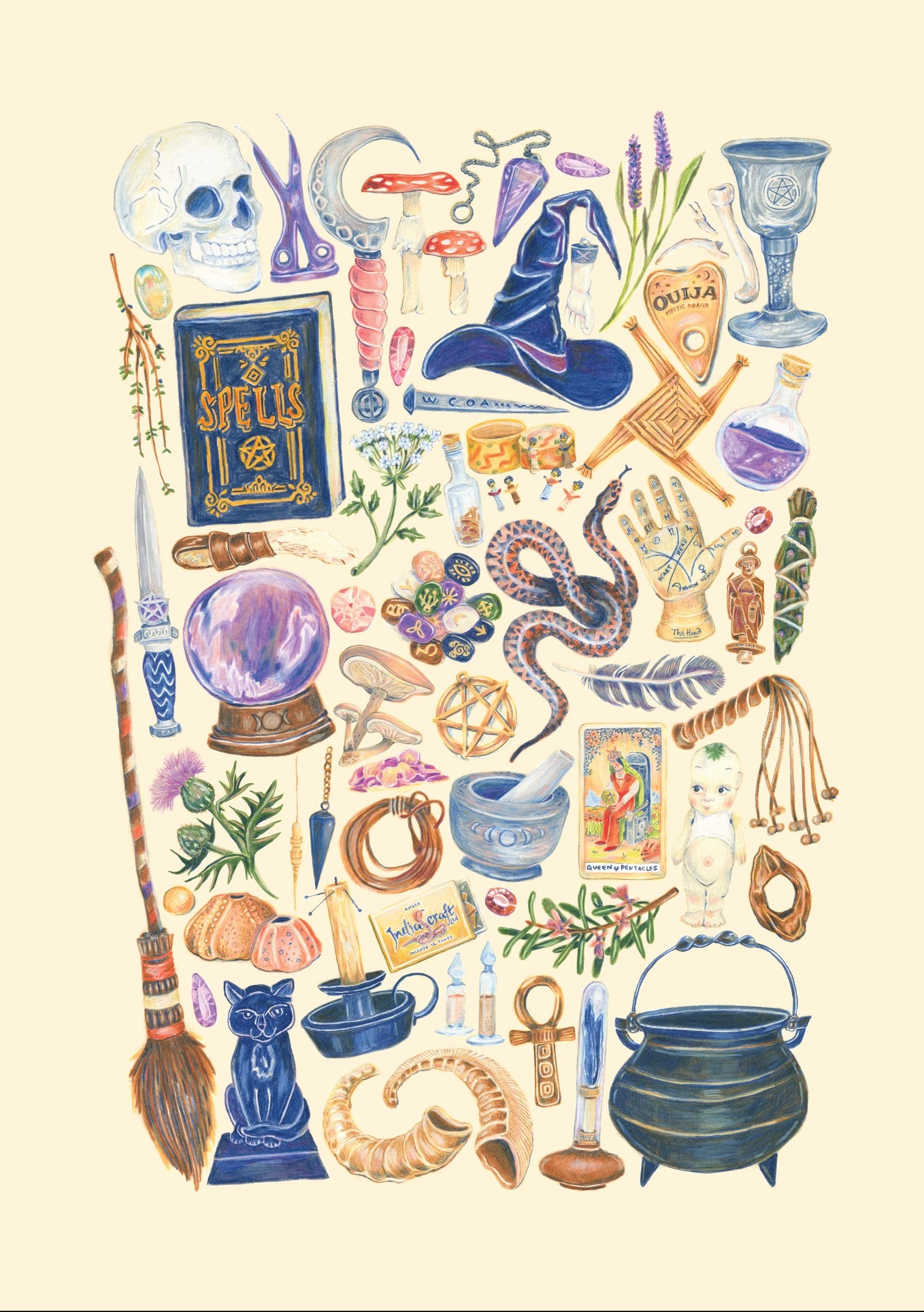Explore "50 Up: Witchy Poo by Amy Blue," a captivating creation from fap that features an illustrated collection of witchcraft-themed items, including a spellbook, witch's hat, Ouija board, chalice, cauldron, broom, crystal ball, tarot cards, herbs, candles potion bottles,a snake,various magical tools,and an Art Print by Amy Blue. The artwork is set against a light-colored background.