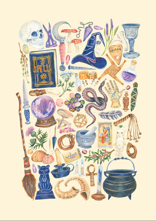 Explore "50 Up: Witchy Poo by Amy Blue," a captivating creation from fap that features an illustrated collection of witchcraft-themed items, including a spellbook, witch's hat, Ouija board, chalice, cauldron, broom, crystal ball, tarot cards, herbs, candles potion bottles,a snake,various magical tools,and an Art Print by Amy Blue. The artwork is set against a light-colored background.